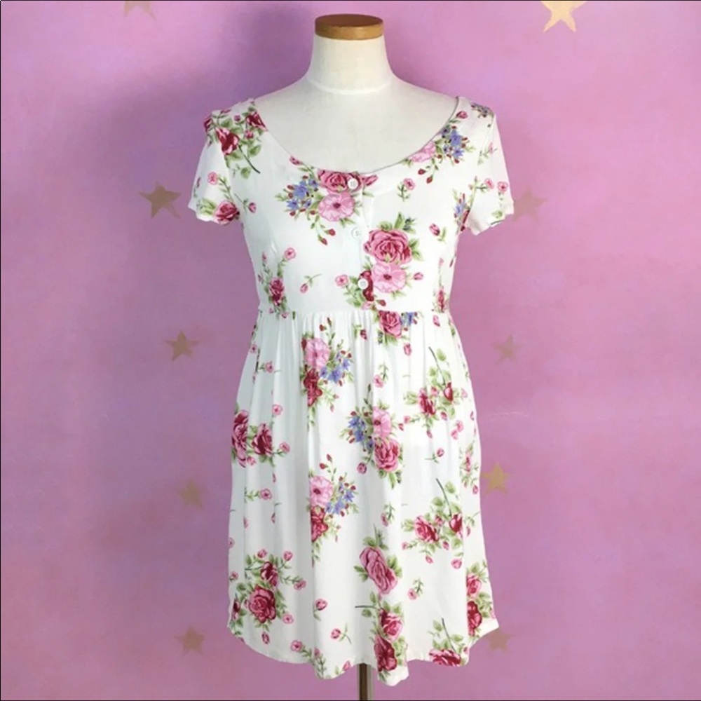 FEATHERS FLORAL PRINT GRANNY COTTAGE CORE MINI DRESS SHORT SLEEVE